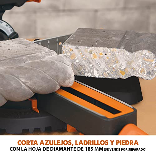 Evolution Sierra ingletadora deslizante de 185 mm (R185SMS+) de Evolution con corte multimaterial; bisel de 45°, inglete de 50°; guía láser. Incluye hoja multiusos