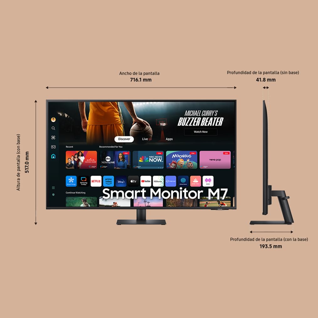 Samsung LS32DM700UUXEN - Smart Monitor M7 de 32" UHD (3840 x 2160, 16:9, 60Hz, 4ms, Modo Eye Saver, Flicker Free), Negro, Versión 2024, Negro, Versión 2024