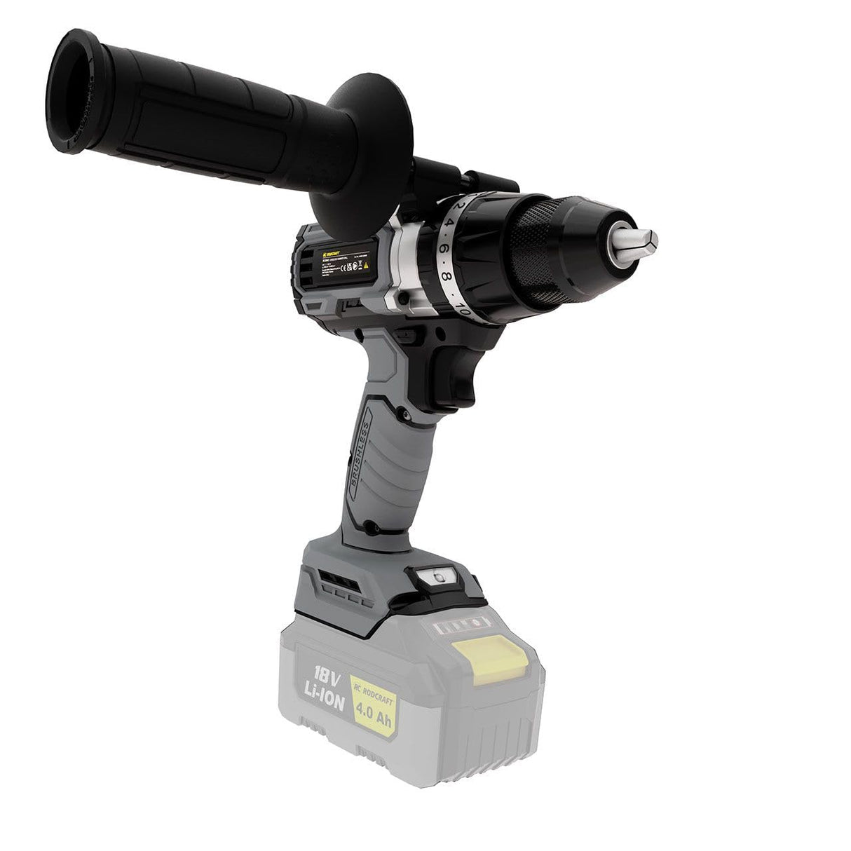 Rodcraft RC9042 - Taladro de impacto inalámbrico de hasta 13 mm, 500-2000 rpm, luz LED, sin batería, sin cargador, en caja de cartón, con mango suave y mango lateral.