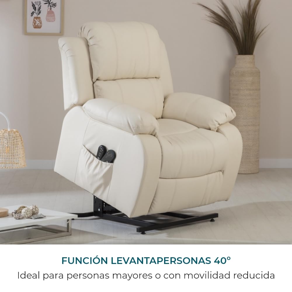 ZZ DON DESCANSO - Sillón Relax Eléctrico Levanta Personas Trevi Crema, Reclinación 160º, 10 Programas, Temporizador, Calor Lumbar, Sist. Masaje 4 Zonas, Acabado PU, Incluye Mando