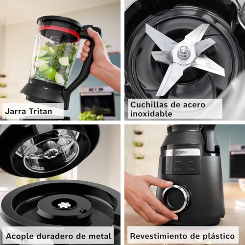 Bosch, batidora de vaso MMB6652B, VitaPower Serie 6, motor de 1800 vatios, velocidad del motor de hasta 45.000 rpm, 6 programas automáticos, jarra batidora Tritan, negro