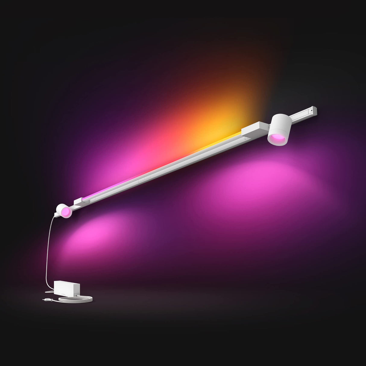 Philips Hue - Kit Perifo Iluminación en carril White and Color Ambiance - Set base de pared (blanco) de 200cm con 2 focos y tubo de luz Gradient - Anclajes incluidos