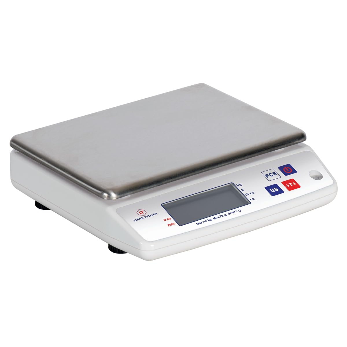 LOUIS TELLIER - Balanza Electrónica Profesional – 10 kg - IP53 - Precisión 1 g - Bandeja Extraíble de Acero Inoxidable - Cocina - Panadería – 22 x 16,5 cm