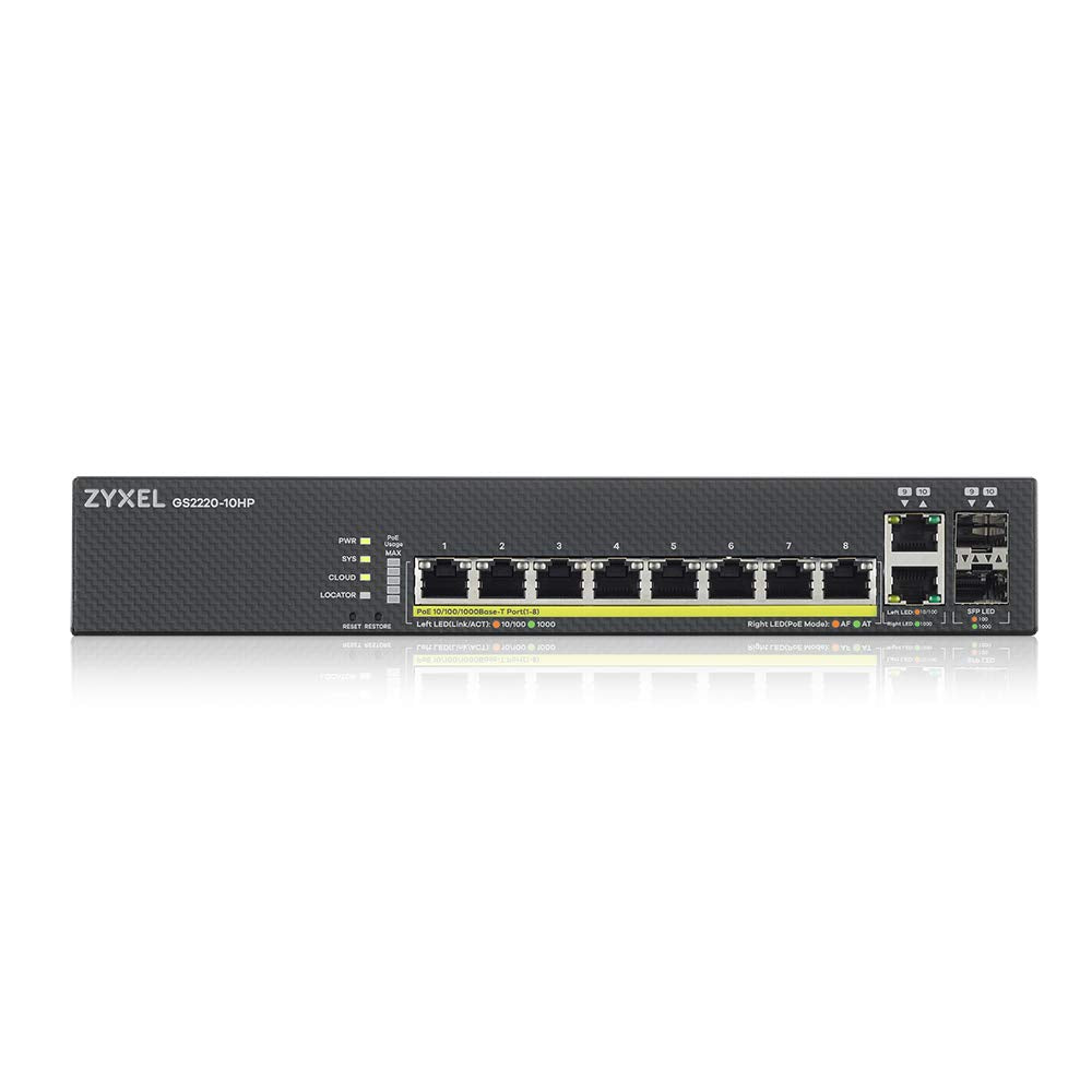 Zyxel Nebula Conmutador PoE+ gestionado de capa 2 Gigabit Ethernet de 8 puertos con margen de 180 vatios y 2 puertos combinados Gigabit y modo de Nube híbrida (Hybrid Cloud) [GS2220-10HP]