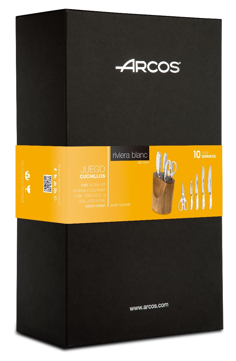 Arcos Set Cuchillos Forjados 5 piezas - Acero Inoxidable Nitrum. 3500 gr. Mango Ergonómico Polioximetileno POM. Serie Riviera Blanc. Hoja delgada con un Borde Suave característico. Color Blanco.