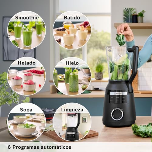 Bosch, batidora de vaso MMB6652B, VitaPower Serie 6, motor de 1800 vatios, velocidad del motor de hasta 45.000 rpm, 6 programas automáticos, jarra batidora Tritan, negro