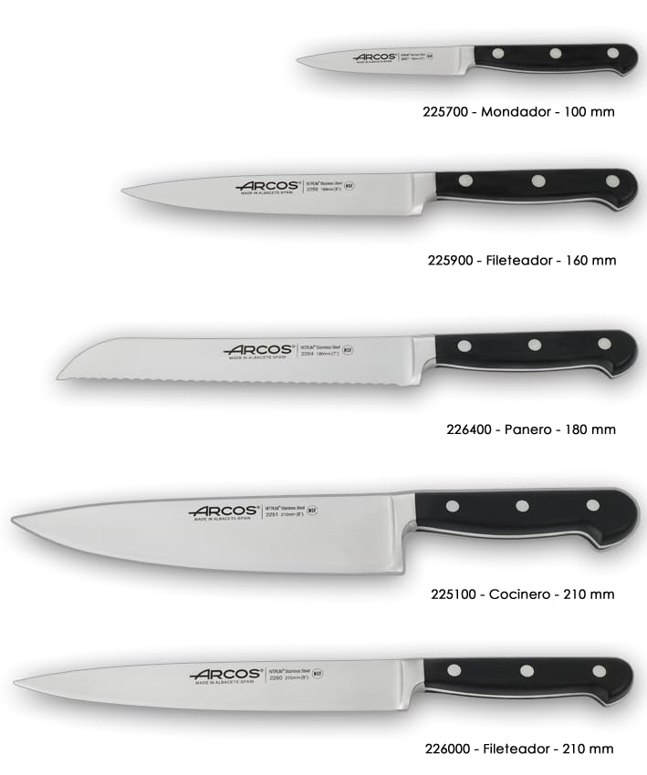 Arcos Set Cuchillos 5 piezas Acero Inoxidable Nitrum. Cuchillo Cocina Profesional Afilado para Cortar Carne. Mango Ergonómico Polioximetileno POM. Serie Opera. Diseño Clásico. Color Negro.