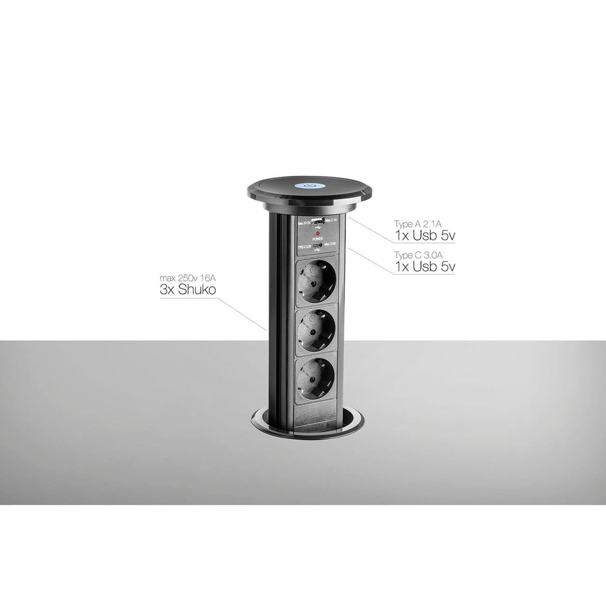 Ekotech Enchufe retráctil ET111 – Torre con función de carga QI USB-C & A y 3 enchufes Schuko 230 V, aluminio negro
