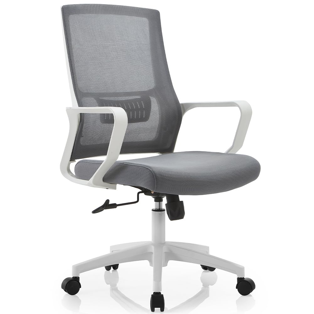 Shally Dogan Silla de Oficina ergonómica giratoria con Soporte Lumbar, sillón de Escritorio, Estudio, Dormitorio, reclinable con Altura Ajustable, Base Blanca Robusta, Respaldo antisudor (Gris)