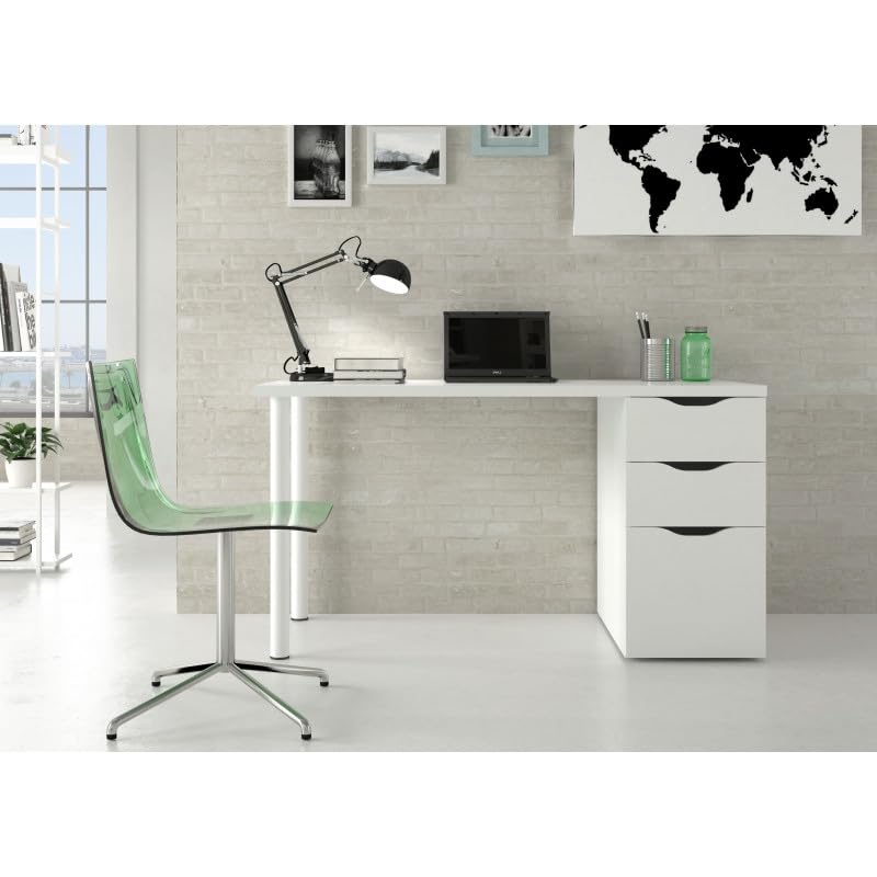 HOGAR24 ES Mesa despacho o Escritorio Reversible con cajonera, Color Blanco Artik