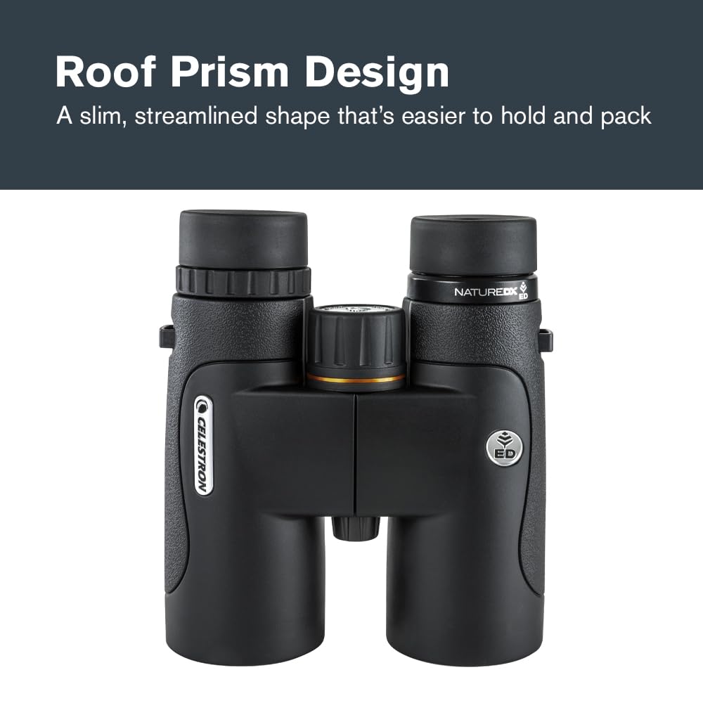 Celestron 72333 Nature DX ED 10x42: prismáticos con lentes objetivo con dispersión baja, exteriores y aves, revestimiento múltiple completo y prismas BaK-4, carcasa revestida resistente al agua y vaho