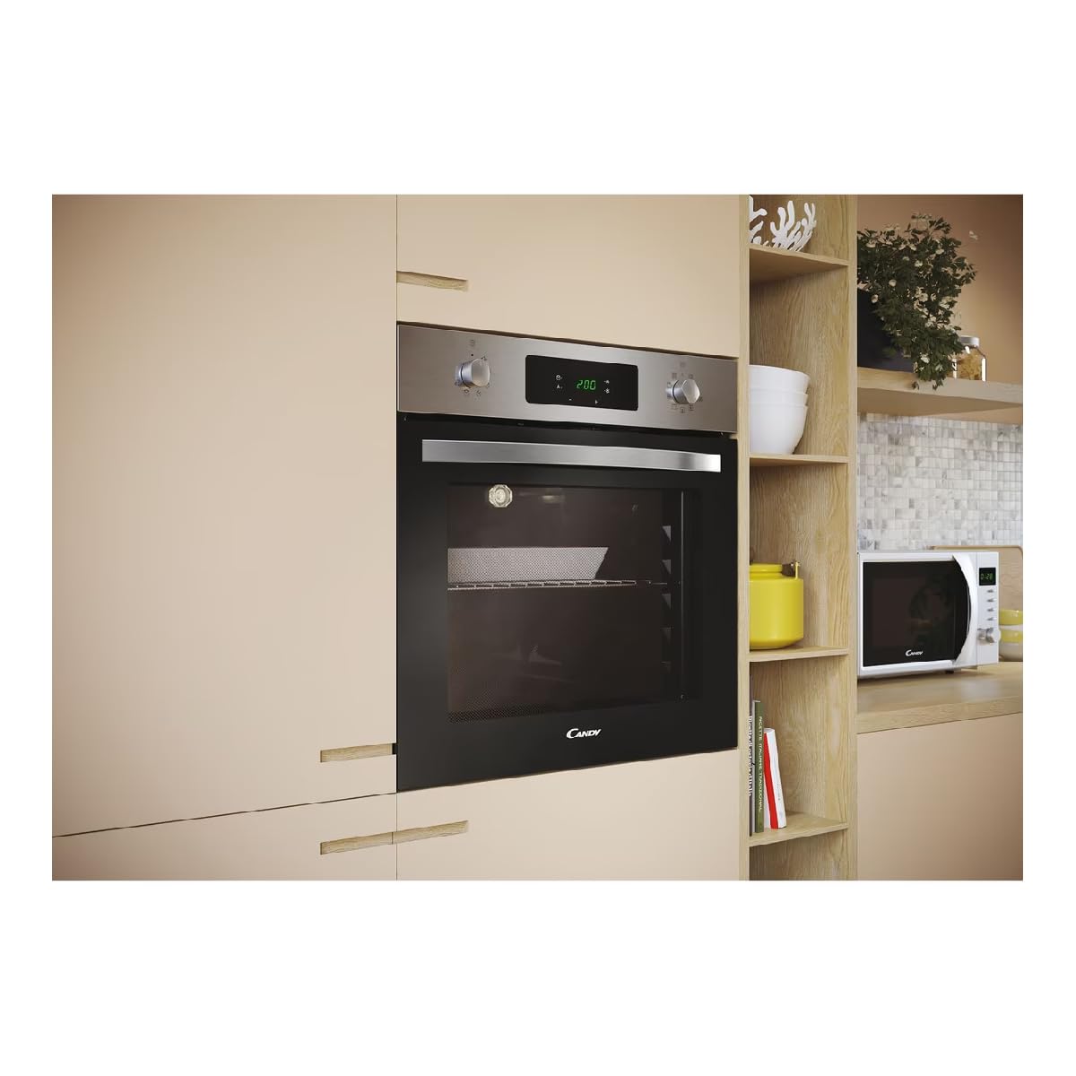 Candy Idea FIDC X605, Horno Multifunción, 65L, 2400W, 1 Bandeja y 2 Rejillas, Ventilador Radial, 9 Funciones, Temporizador, Display táctil, Puerta Doble Cristal Desmontable, Inox y Negro