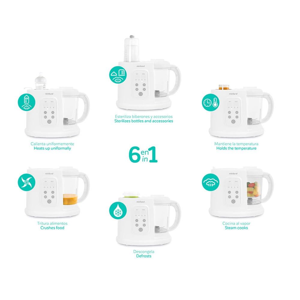 Miniland Chefy 6 Robot de cocina para bebés Multifunción 6 en 1. Esteriliza, calienta biberones, cocina al vapor, tritura, descongela. (Modelo 2022).