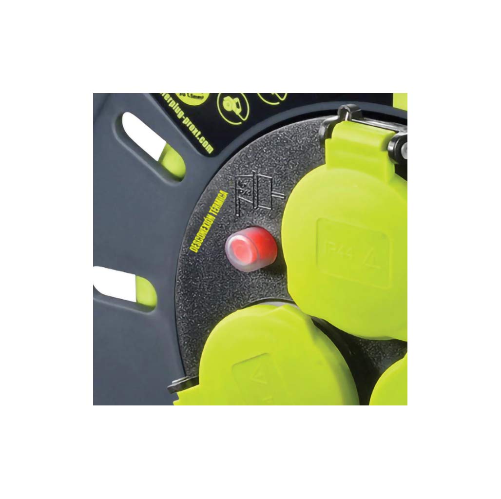 Masterplug Pro-XT Enrollacables 3 tomas IP44 con asa de bobinado, interruptor térmico e interruptor de alimentación, cable de alta visibilidad de 25 metros
