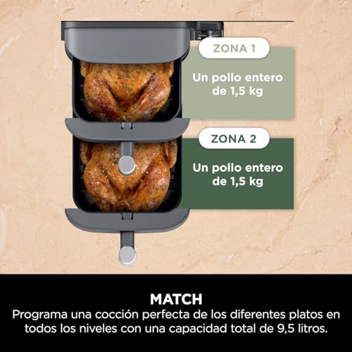 Ninja Double Stack XL Freidora de aire, 9,5 l, Doble cesta vertical, 4 niveles de cocción, 2 cestas y 2 rejillas, diseño para ahorrar más espacio, 6 funciones de cocción, 8 porciones, en gris, SL400EU