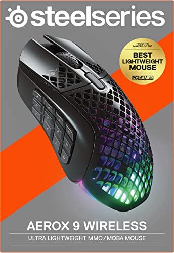 SteelSeries Aerox 9 Wireless - Ratón gaming RGB - Ultraligero resiste al agua - 18 botones - Bluetooth/2,4 GHz - Sensor TrueMove Air 18K DPI