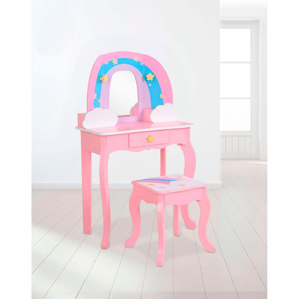 WOOMAX Teamson Kids - Tocador Infantil para niñas Arco Iris con Taburete y Espejo, Juguetes de Madera, Maquillaje para niñas (85397)