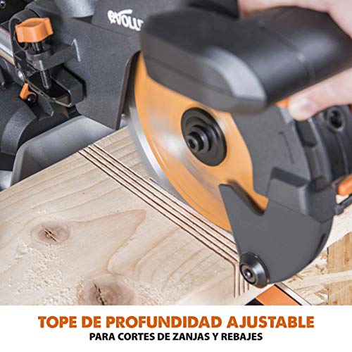 Evolution Power Tools R210SMS+ Ingletadora deslizante multimaterial de 210 mm, con paquete Plus, Corta acero dulce, aluminio, plástico, madera con clavos incrustados, 230 V