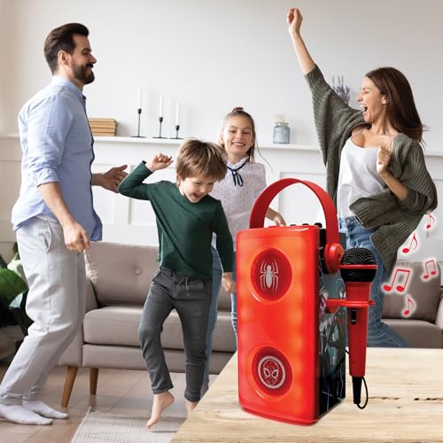 LEXIBOOK, Marvel Spider-Man, Altavoz Bluetooth® inalámbrico Luminoso con micrófono, Efectos de luz Multicolores, Ranura para Tarjeta SD/TF, Batería Recargable, Rojo, BTP185SPZ
