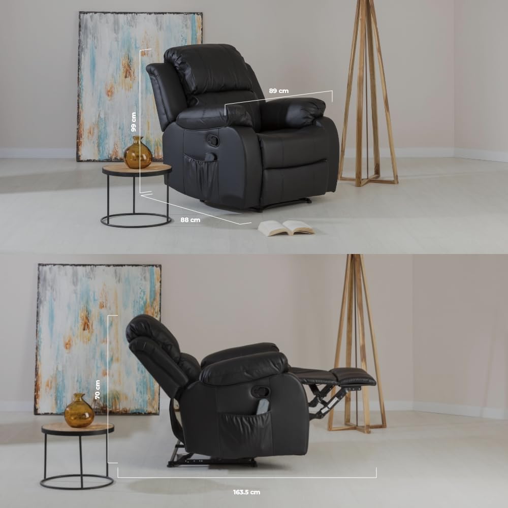 Don Descanso - Sillón Masaje Relax Calor Trevi Negro Reclinable 160º con 8 Motores Silenciosos, Calor Lumbar, Sist. Masaje 4 Zonas y Acabado en PU Anti-Cuarteo [Incluye Mando]. Ideal Gente Mayor