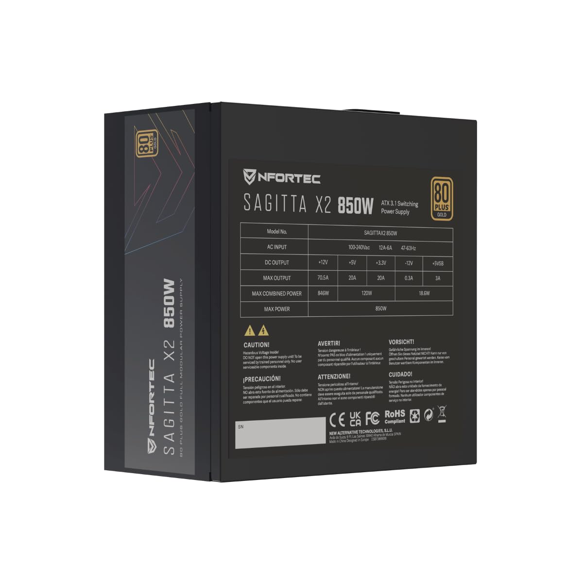 Nfortec Sagitta X2 850W Fuente de alimentación Full Modular 80+ Gold, Ventilador silencioso PCIE 5.1, ATX 3.1, Negro