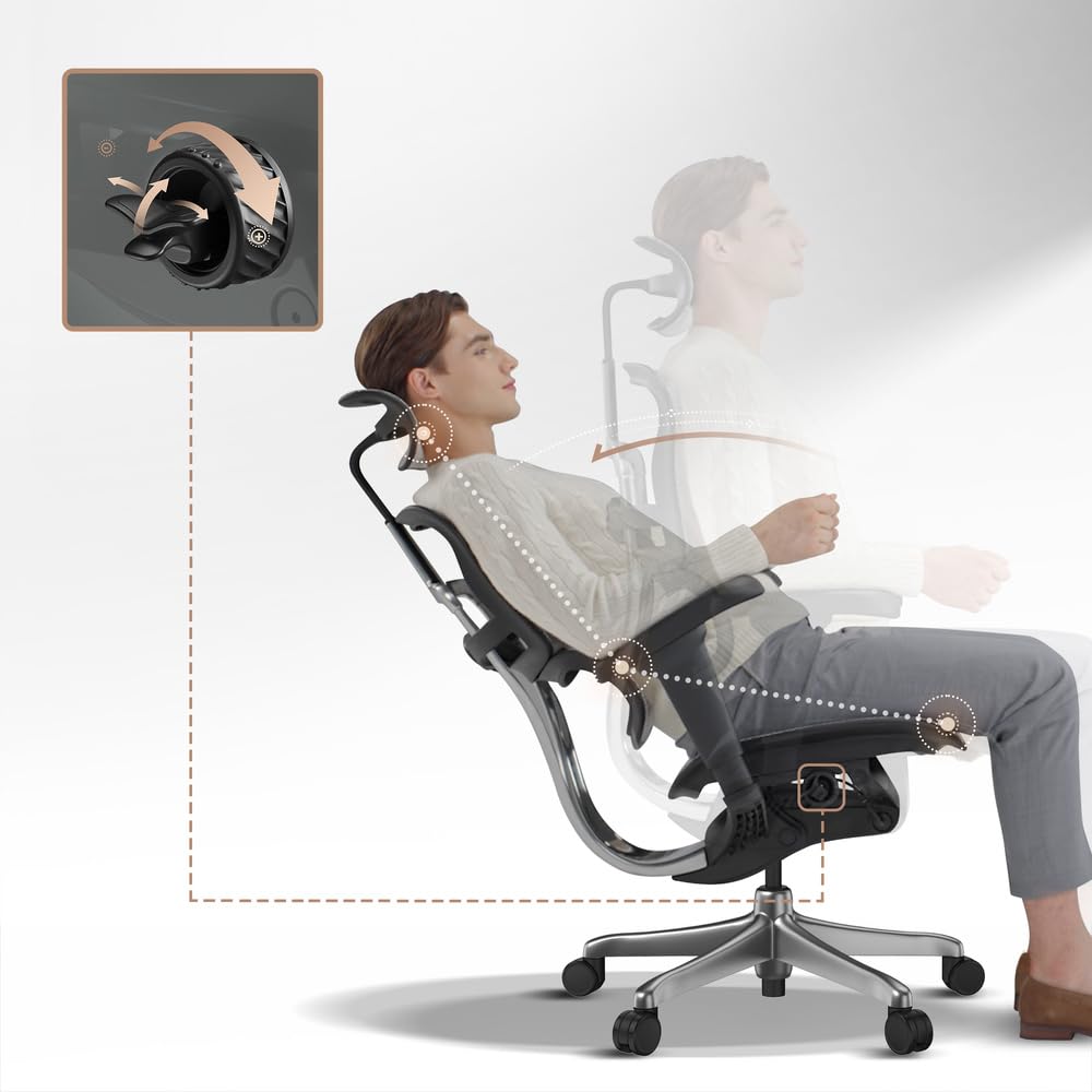 hjh OFFICE Silla de Oficina ergonómica ERGOHUMAN Signature GEN2 Diseño Original, Silla de Oficina con Soporte Lumbar Flexible, tapizado de Malla, Negro