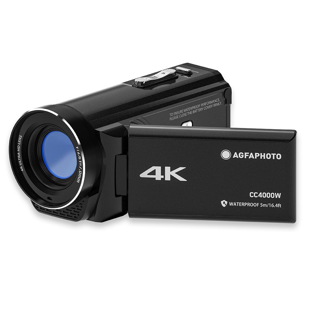 Agfa Photo Realimove CC4000W - Videocámara 4K Resistente al Agua con Pantalla táctil de 3", Zoom Digital de 18x, vídeo 2,7K, Foto 24 MP, LED, batería de Litio - Negro