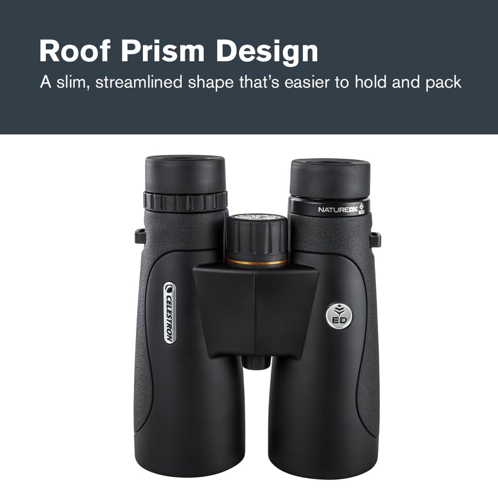 Celestron 72336 Nature DX ED 12x50: prismáticos con lentes objetivo con dispersión baja, exteriores y aves, revestimiento múltiple completo y prismas BaK-4, carcasa revestida resistente al agua y vaho
