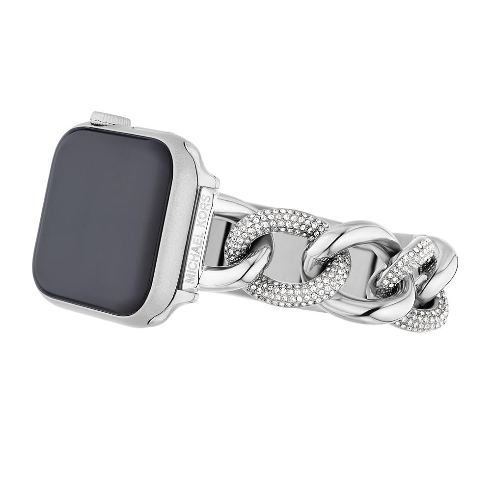 Michael Kors Correa de acero inoxidable o acetato para mujer, compatible con Apple Watch de 38 mm/40 mm/41 mm, Tono plateado