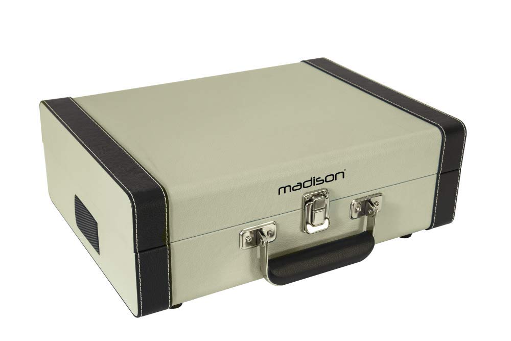 Madison - Mad-RETROCASE-CR - Estuche para Tocadiscos Retro (33, 45, 78 RPM) con Altavoces incorporados, Bluetooth, USB, SD - Adaptador de 45 RPM Incluido - Cuero Azul Claro