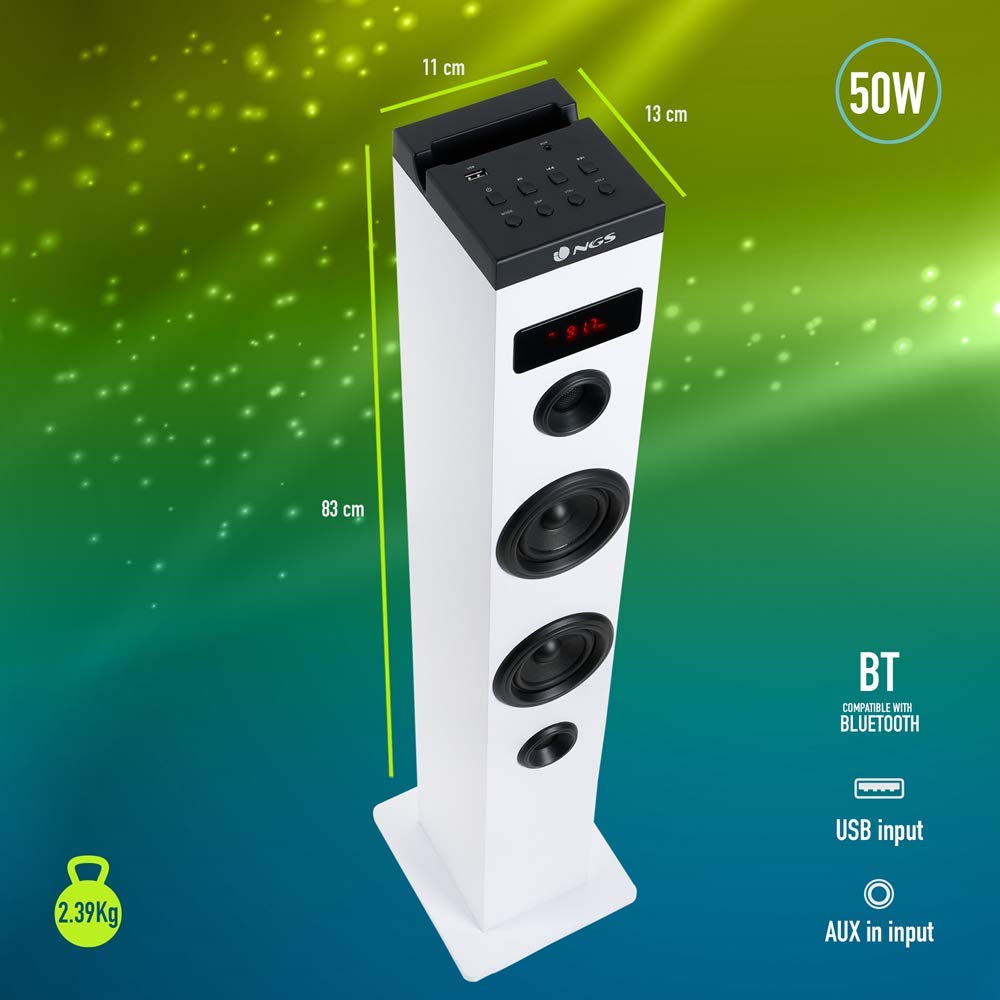 NGS Sky Charm White- Torre de Sonido Bluetooth 50W con Mando a Distancia, Entrada Óptica, USB, Radio FM y AUX IN (Color Blanco)