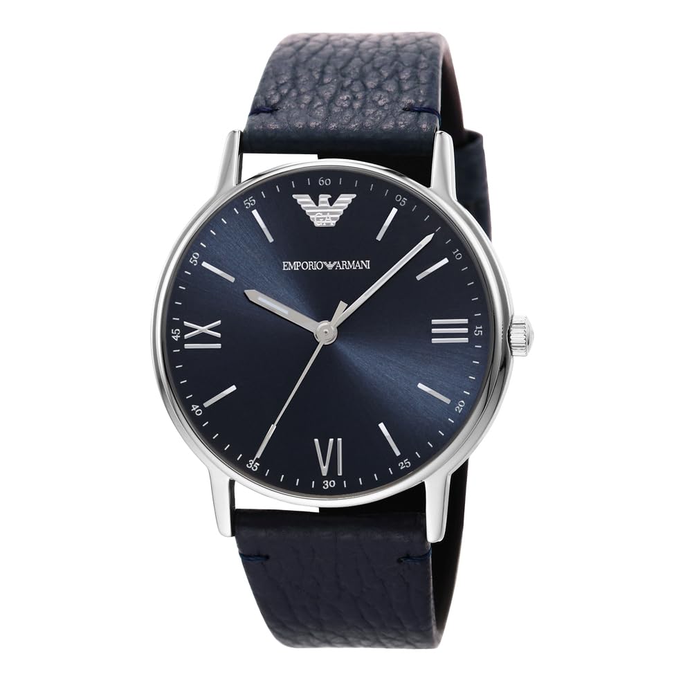 Emporio Armani Reloj para hombre, movimiento de tres manecillas, caja de acero inoxidable plateado de 41 mm con correa de piel, AR11012, Tono azul y plateado