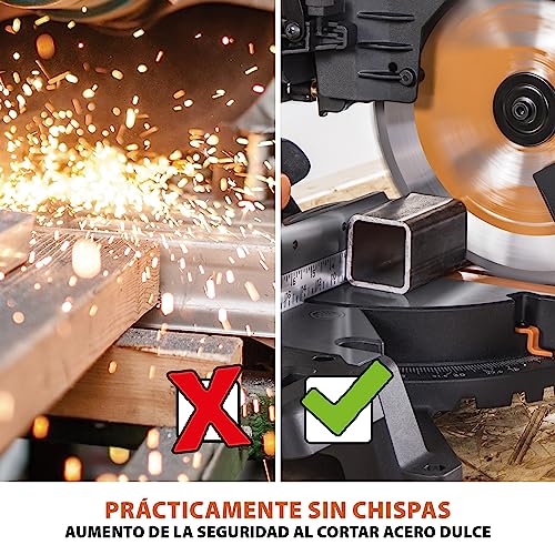 Evolution Power Tools R255SMS-DB ingletadora, Sierra ingletadora deslizante multimaterial de 255 mm, con doble bisel y paquete plus, hasta 300 mm x 90 mm, 5° a izquierda y derecha, inglete de 50°