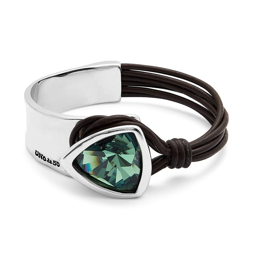 UNO de 50 | Pulsera Rígida para Mujer | Cuero y Bañada en Plata de Ley | Cristal Facetado Verde | Talla M | Joya Artesanal | Hecho en España