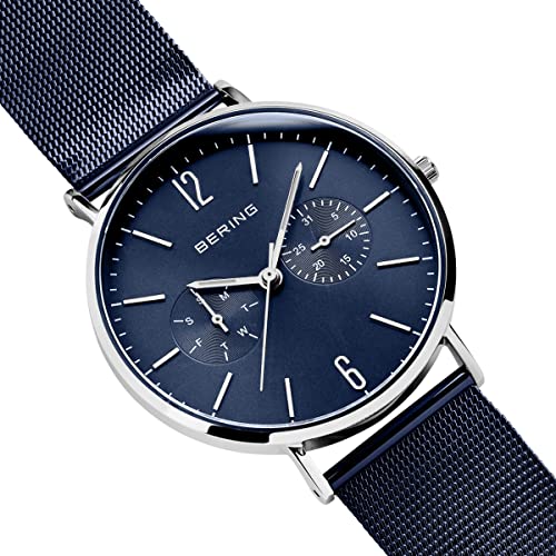 BERING 14240-303 Reloj de cuarzo para hombre con caja de acero inoxidable plateado de 40 mm y esfera azul, correa milanesa, cristal de zafiro y resistencia al agua de 3 ATM
