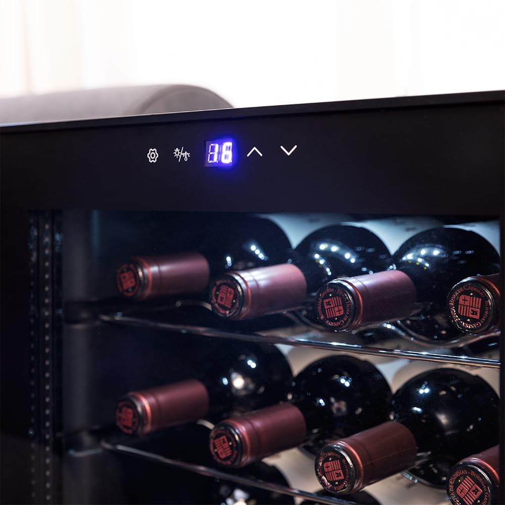 Cecotec Vinoteca 24 Botellas GrandSommelier 24000 Black. Compresor Silencioso, 5-18ºC, Control Táctil, Luz LED, Puerta Negra, Estantes Inox, Eficiencia Energética Clase G