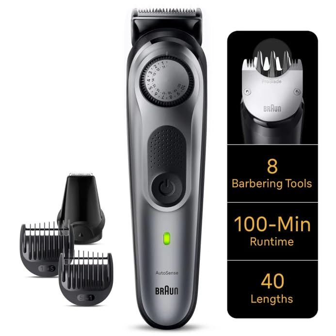 Braun Series 7 BT7420 - Recortadora de barba profesional para hombre, 40 ajustes de longitud, herramientas de barbería, base de carga, estuche de viaje, plantilla de barba, batería