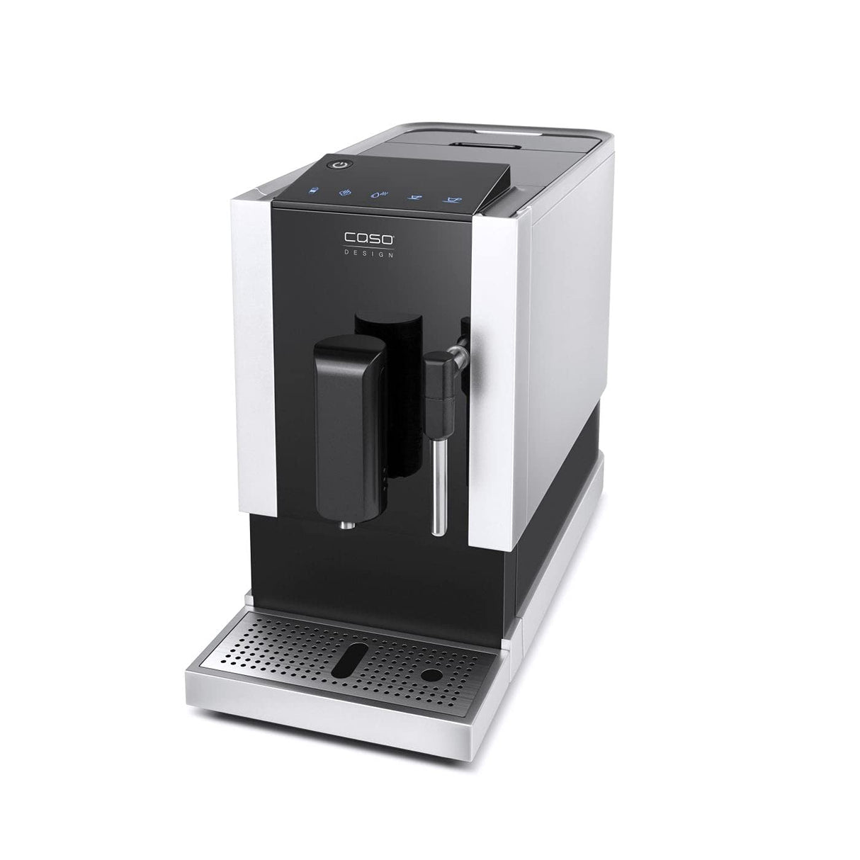 CASO Café Crema One - Cafetera superautomática con pantalla táctil, molinillo silencioso incorporado, Espumador de Leche, Boquilla vapor, Función de precalentamiento, negra y plateado