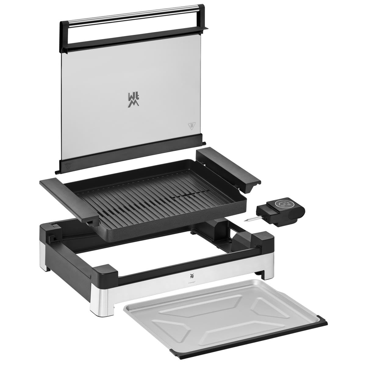 WMF Lono - Grill sobremesa con tapa de cristal y Barbacoa 2200 W, acero inoxidable mate, placa de parrilla recubierta, antiadherente