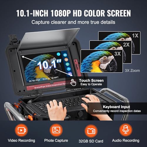 VEVOR Cámara de Alcantarillado, 100 m, Cámara de Drenaje Autonivelante con Pantalla Táctil, Transmisor de 512 Hz y Contador de Distancia, con Luces, 12 LED, Tarjeta de 32 GB, 555 × 275 × 665 mm