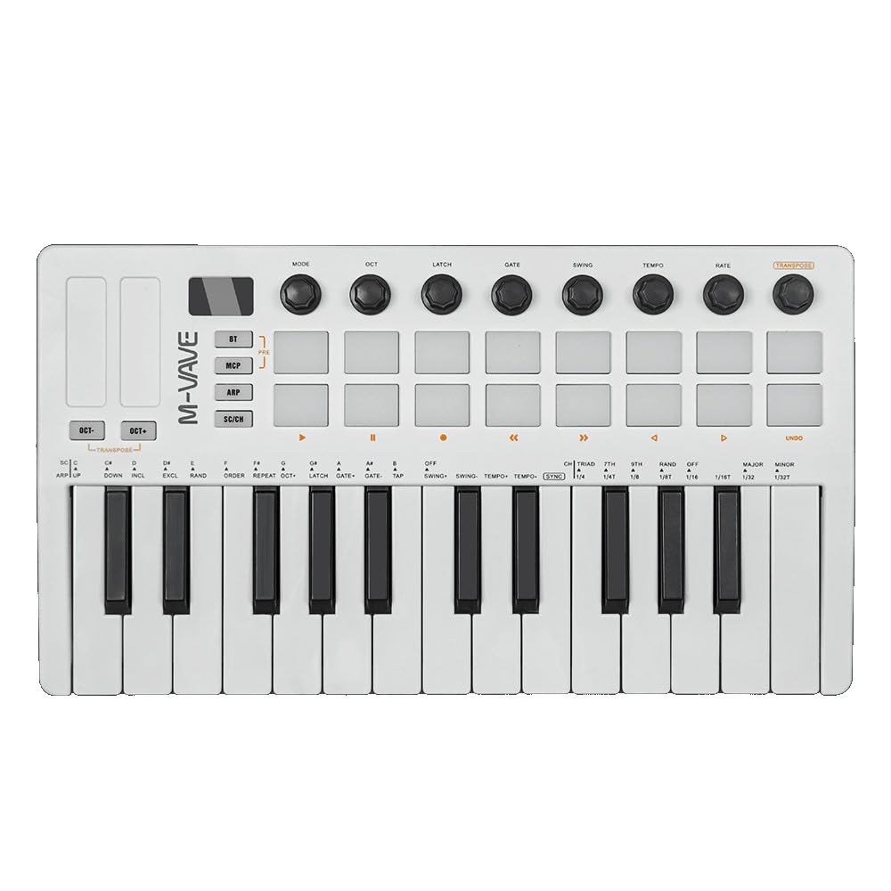 M-Vave SMK 25 MKII - Teclado Controlador Inalámbrico BT Midi con 16 Drum Pads Retroiluminados, 8 Botones, Arpegio, USB, Blanco