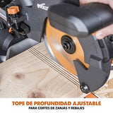 Evolution Power Tools - R210SMS-300+ Ingletadora deslizante multimaterial de 210 mm (230 V), con paquete plus, Corta acero dulce, aluminio, plástico, madera con clavos incrustados