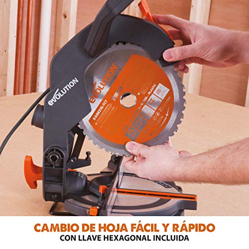 Evolution Power Tools R210CMS Multimaterial Sierra Ingletadora - Corta acero dulce, aluminio, plástico, madera con clavos incrustados, 210 mm