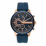 Armani Exchange Orologio da uomo, Movimento cronografo al quarzo e cassa da 46 mm con cinturino in silicone, Tono oro rosa y azul oscuro