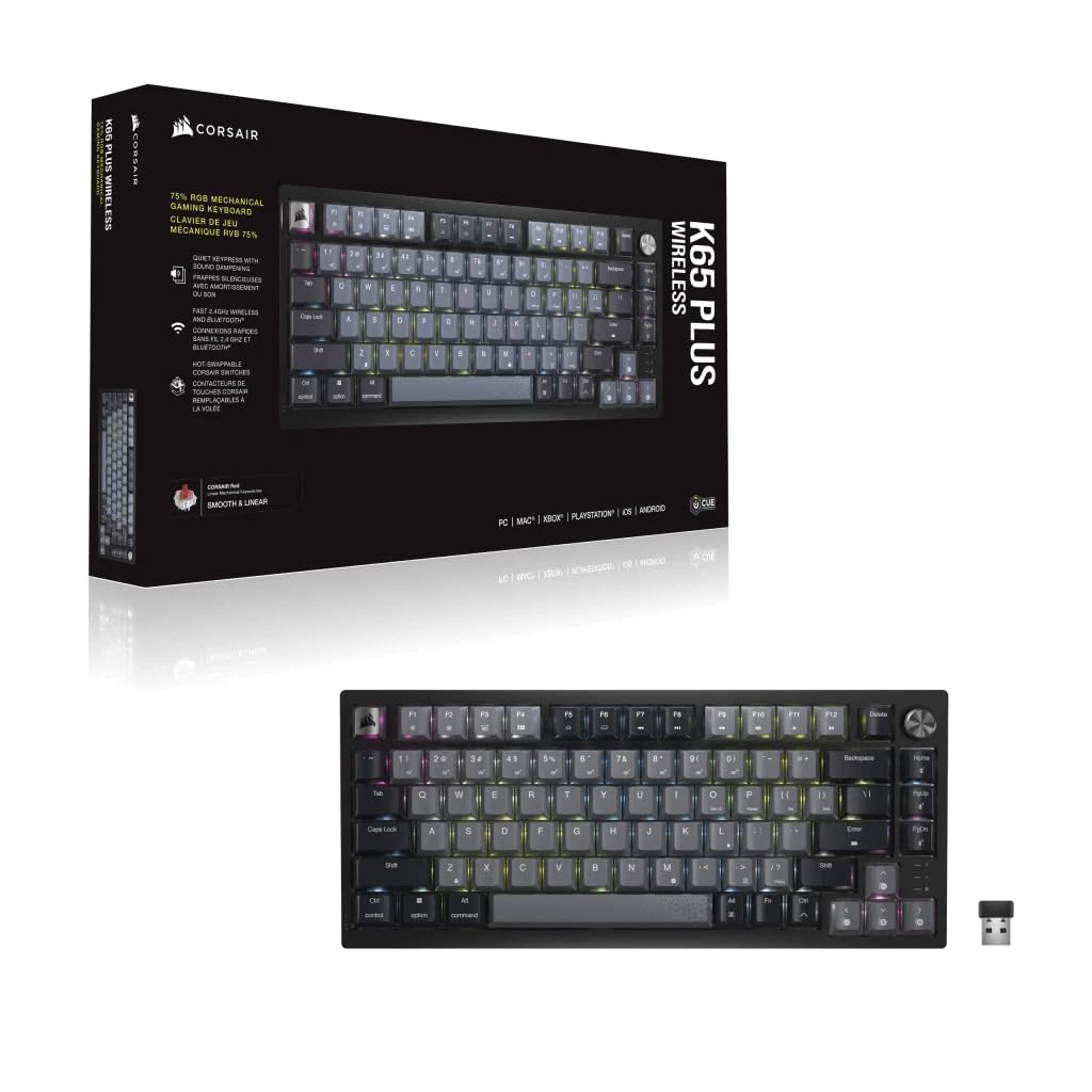 Corsair K65 Plus Wireless 75% RGB Teclado mecánico de Juego reemplazable en Caliente - Interruptores lineales MLX Red prelubricados - Tapas de Teclas PBT - AZERTY FR - Negro