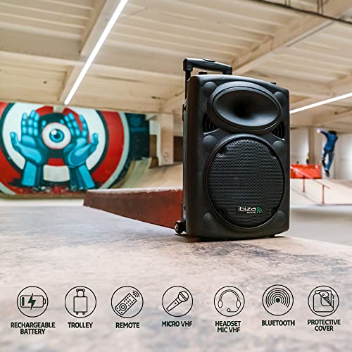 Ibiza - PORT15VHF-BT - Altavoz portátil 15"/800W MAX con 2 micrófonos (VHF), Mando a Distancia y Funda Protectora - Bluetooth, USB, SD - 6 a 8h de autonomía - Speaker Box