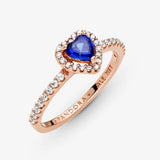 Pandora Timeless Anillo con diseño de corazón chapado en oro rosa de 14 quilates con circonitas cúbicas transparentes y cristal azul crepúsculo, talla 48