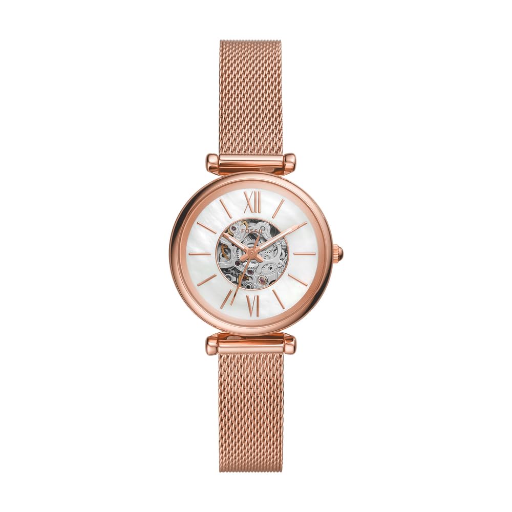 Fossil Carlie Reloj para mujer, movimiento automático con malla de acero inoxidable o correa de piel, Blanco y oro rosa, 28MM