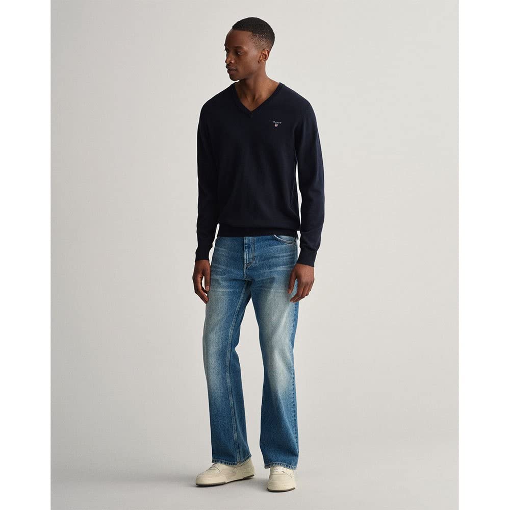 GANT Cuello en V de algodón Suéter, Azul Noche, M para Hombre