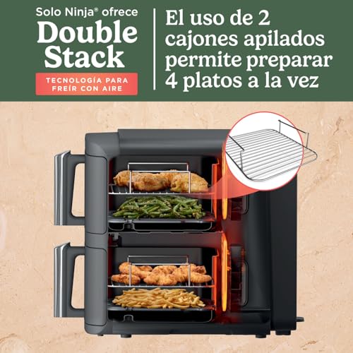 Ninja Double Stack XL Freidora de aire, 9,5 l, Doble cesta vertical, 4 niveles de cocción, 2 cestas y 2 rejillas, diseño para ahorrar más espacio, 6 funciones de cocción, 8 porciones, en gris, SL400EU